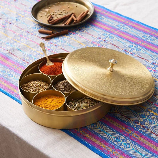 Masala Dabba decorative round brass spice box with compartments for seven spices complete with a brass spoon