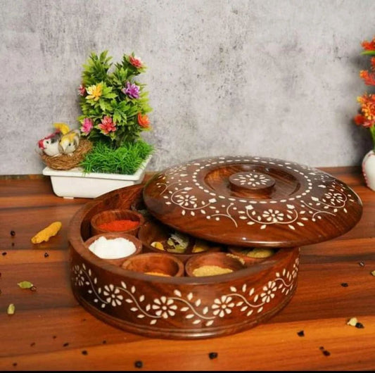 Wooden Handcrafted Round Spice Box with Spoon