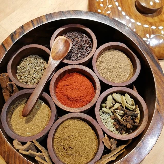 Wooden Handcrafted Round Spice Box with Spoon